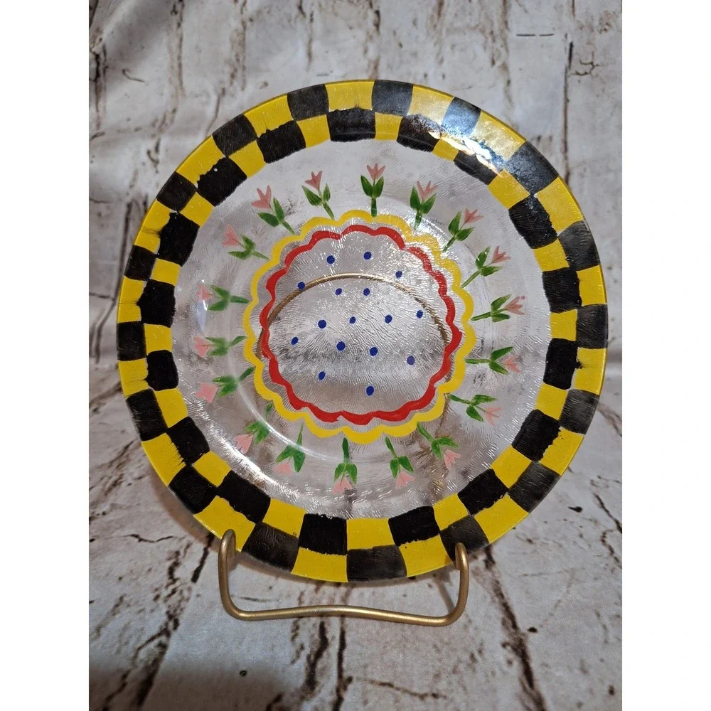 Vintage 1960's MacKensie-Childs Reverse Hand Painted Fused Glass Tulip Plate - Picture 1 of 12